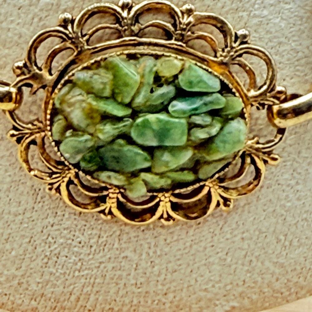 Vtg Oval Jade Chip Cluster Confetti Panel Link Bracelet Gold Tone Filigree 7" - Picture 3 of 10